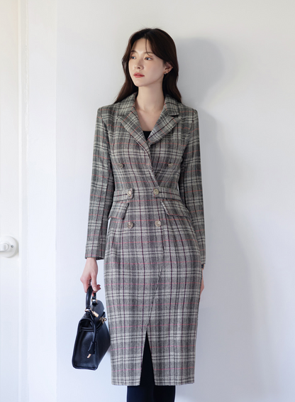 Glen Check Double-Breasted Tailored Dress