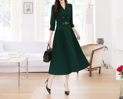 Elegant Double Buttoned Belted Dress with Side Pleats