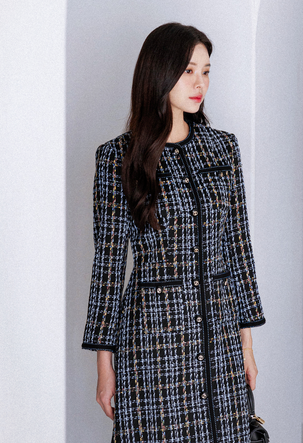 Elegant Contrast Tweed Dress Black