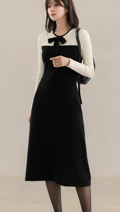 Ivory and Black Color-Blocked Knit Dress