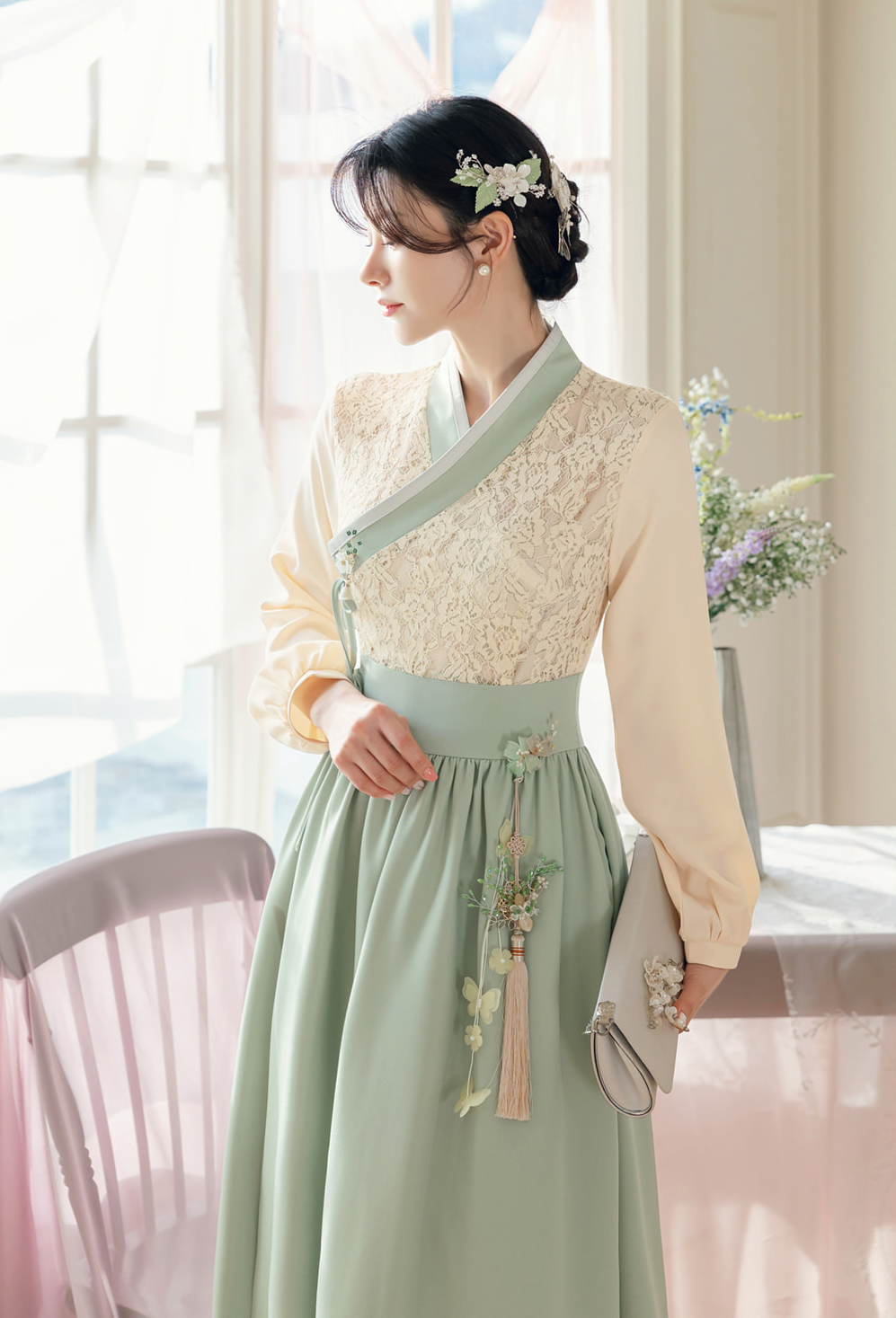 Floral Lace Wrap Modern Hanbok Dress in Green and Blue