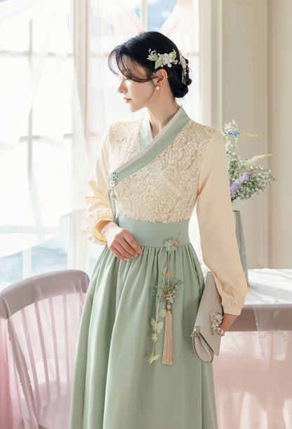 Floral Lace Wrap Modern Hanbok Dress in Green and Blue