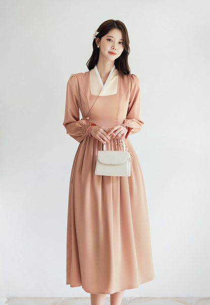 Elegant Modern Hanbok Wrap Dress with Contrasting Collar