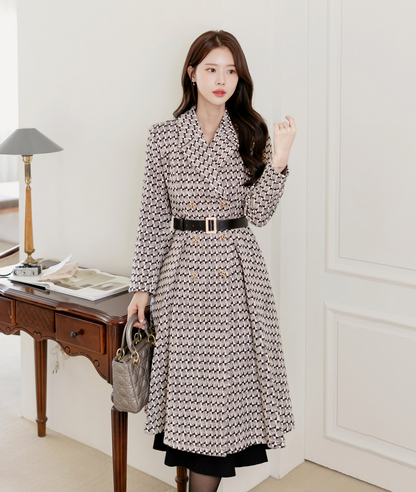 Notched Collar Double Buttons Flare Coat with Belt