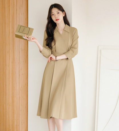 Flare Midi Dress with Collar Wrap Design and Side Mini Belt – Elegant Fit with Back Elastic Band