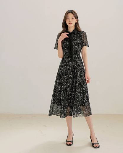 Romantic Chiffon Tie-Neck Dress with Graceful Dot Print