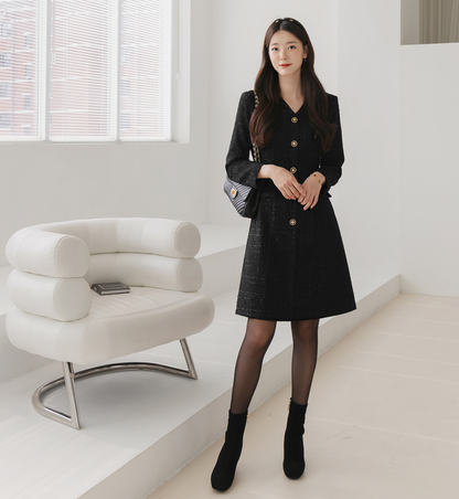 Pearl-Mix Tweed A-Line Dress with V-Neck and Decorative Flap Pockets