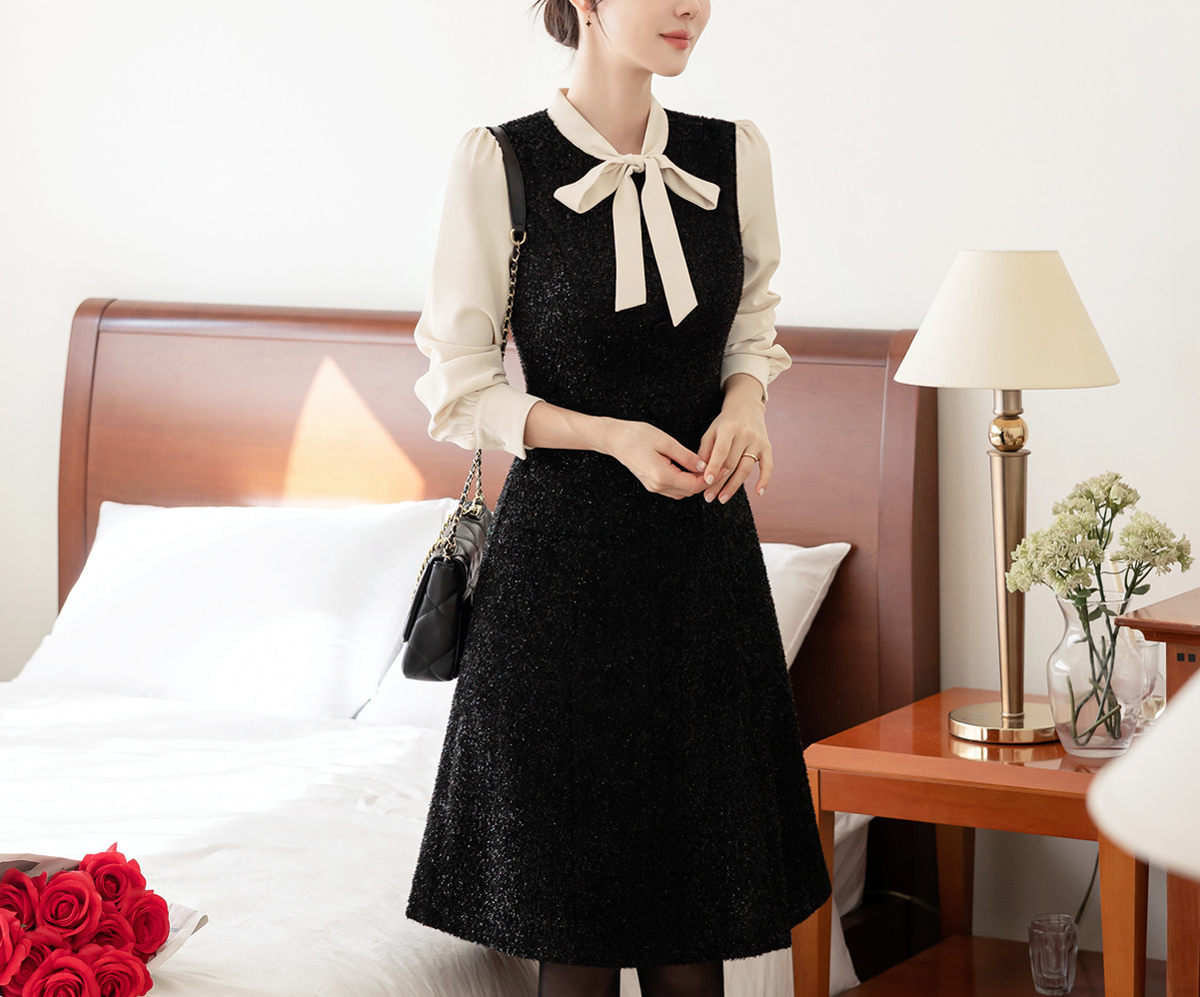 Feminine Tie-neck Layered Tweed Dress