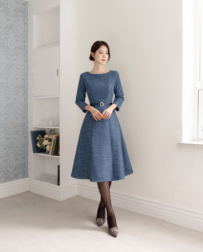 Feminine Boat Neck Blue Tweed Flare Dress with Belt