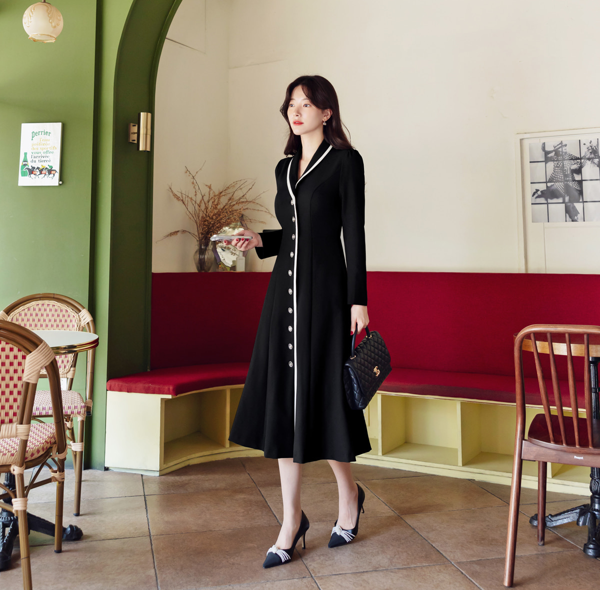 Flare Dress with Small Shawl Collar, Contrast Trim, and Button-Front Closure