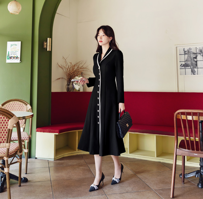 Flare Dress with Small Shawl Collar, Contrast Trim, and Button-Front Closure
