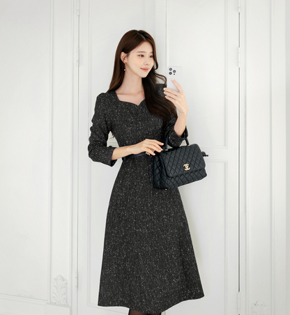 Elegant Heartneck Belted Flare Tweed Dress