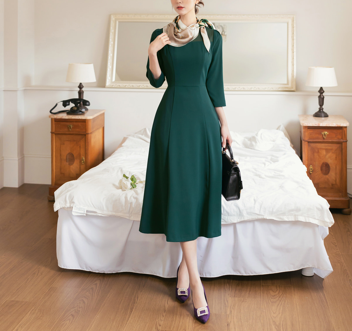 Elegant 3/4 Sleeve Belted Dress with Sheer Neckline Accent