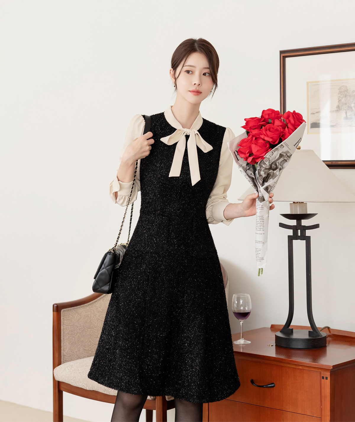 Feminine Tie-neck Layered Tweed Dress