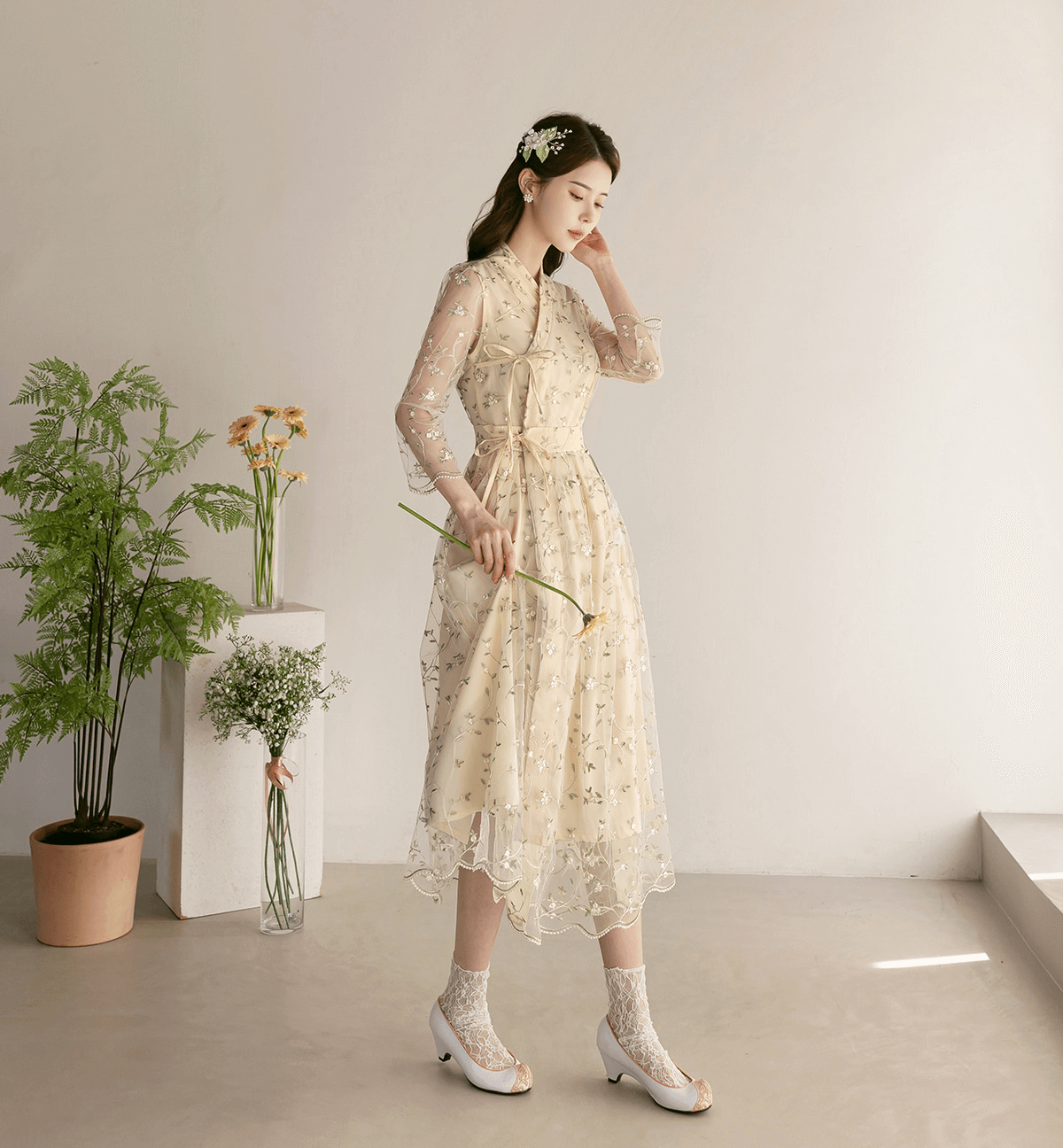 Floral Embroidered Lace Modern Wrap Hanbok Dress with a Romantic Touch