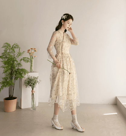 Floral Embroidered Lace Modern Wrap Hanbok Dress with a Romantic Touch