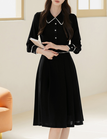 Black Flare Dress with Lace-Trimmed Collar and Enamel Button Detail