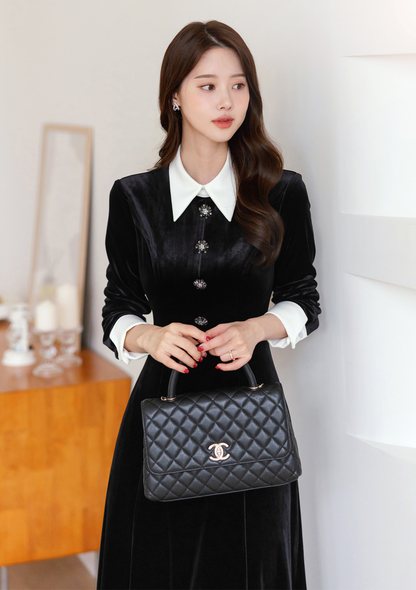 Velvet Flare Dress with Jewelry Buttons, White Collar & Cuffs