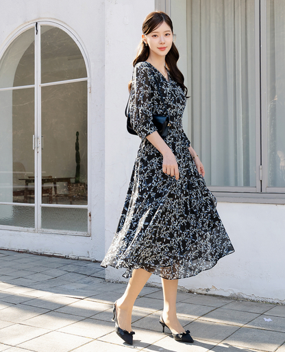 Romantic Floral Chiffon Wrap Dress with Sheer Three-Quarter Sleeves