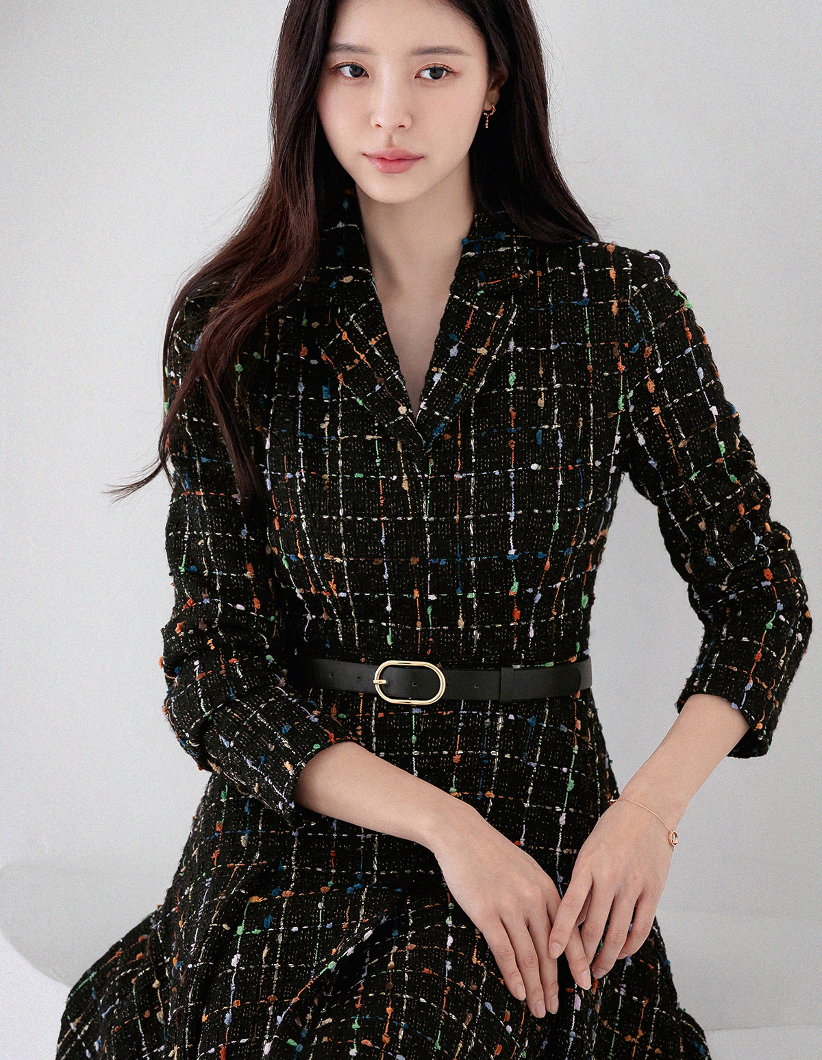 Elegant Tweed Flare Dress with Belted Waist and Gold‑Thread Detail
