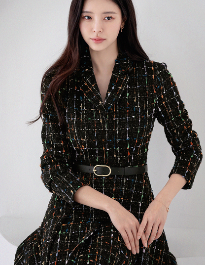 Elegant Tweed Flare Dress with Belted Waist and Gold‑Thread Detail