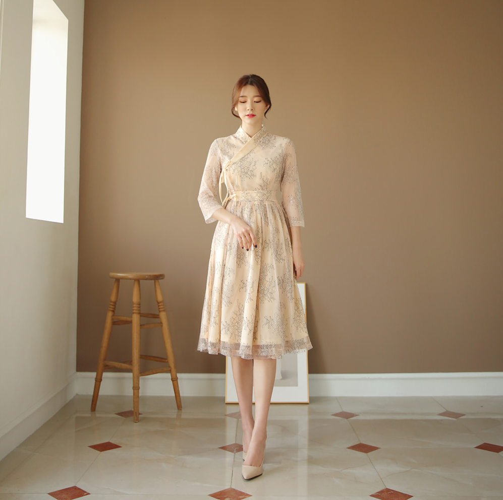 Feminine Floral Lace Modern Hanbok Wrap Dress