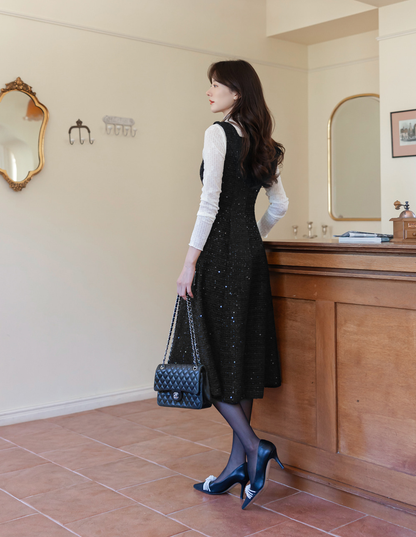 Sequin Tweed Sleeveless Dress with Wide Shoulders and Subtle Shine