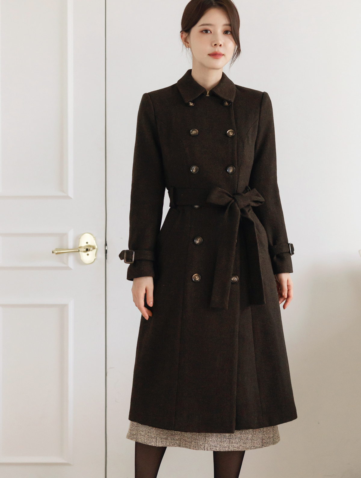 Double-Breasted Herringbone Trench Coat