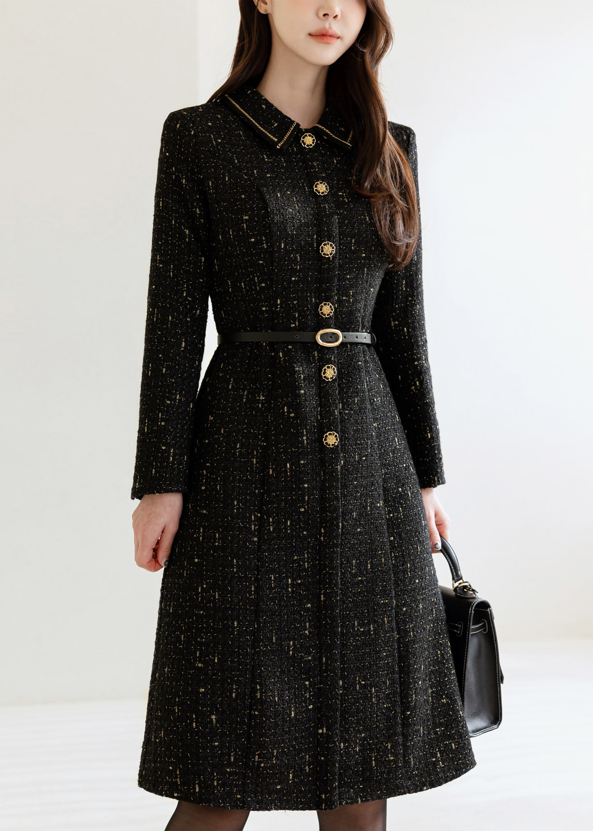 Luxury Tweed Dress with Gold‑Chain Detailing and Removable Belt