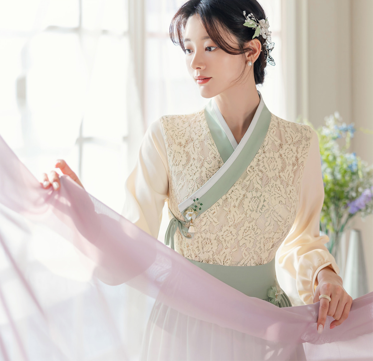 Floral Lace Wrap Modern Hanbok Dress in Green and Blue