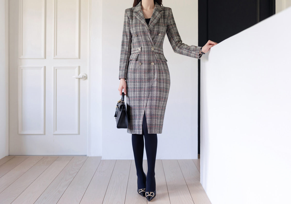 Glen Check Double-Breasted Tailored Dress