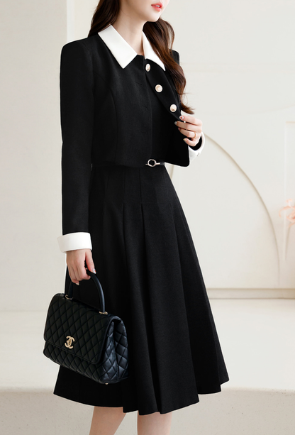 Layered Jacket‑Style Dress with Contrast Collar & Cuffs