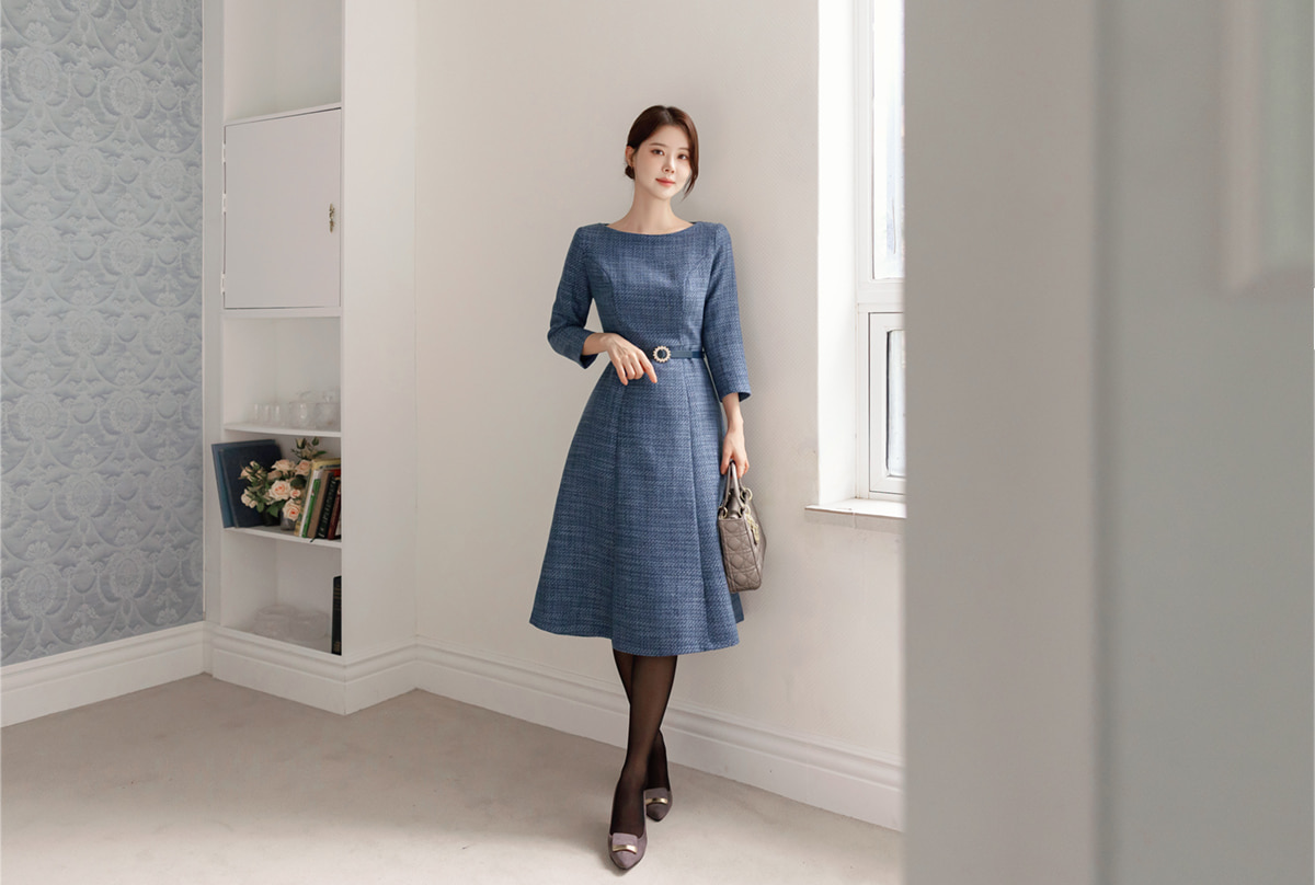 Feminine Boat Neck Blue Tweed Flare Dress with Belt