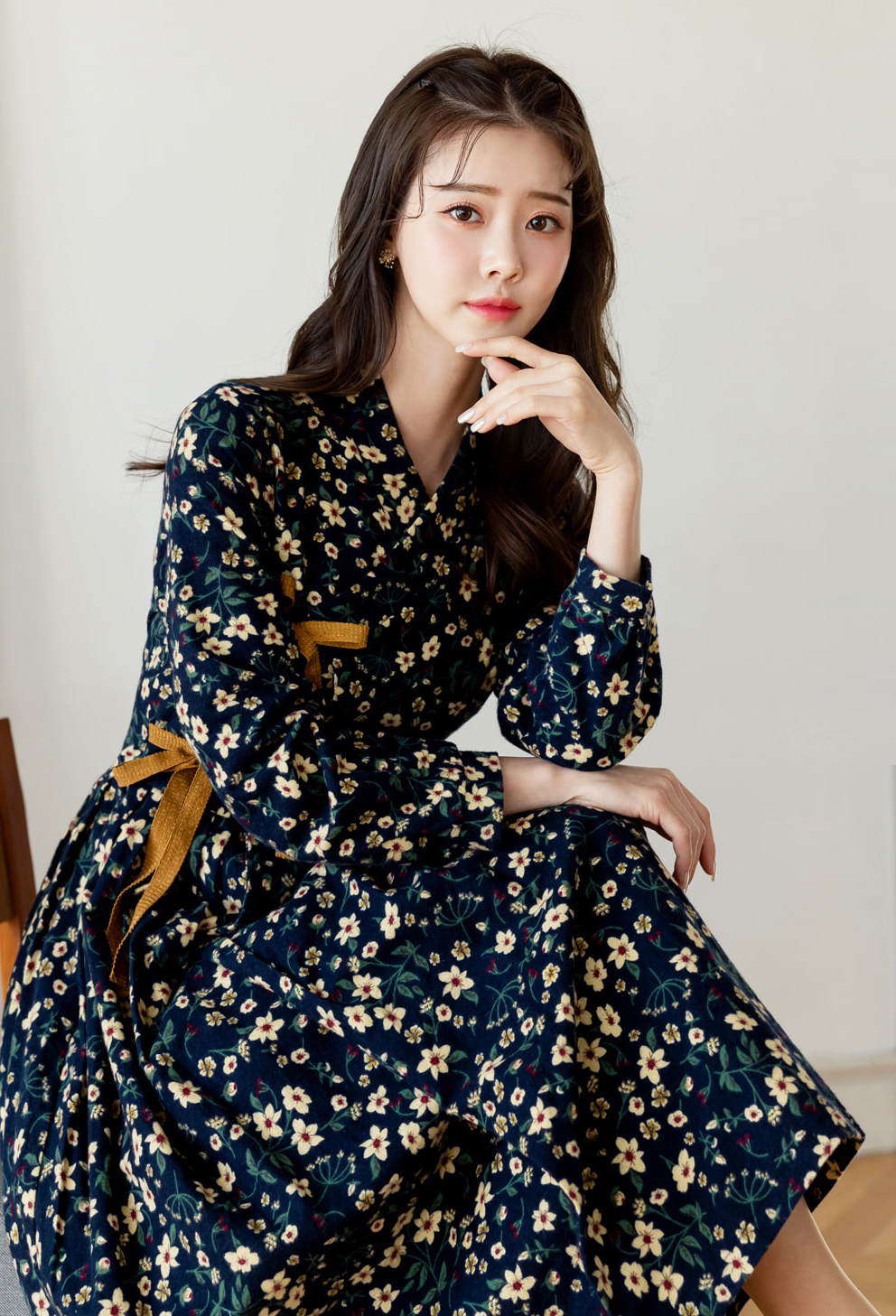 Brushed Fleece Modern Hanbok Wrap Dress with All-Over Small Floral Print