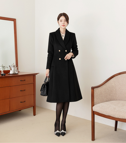 Classic Silhouette Elegant Double Buttons Flared Design Coat