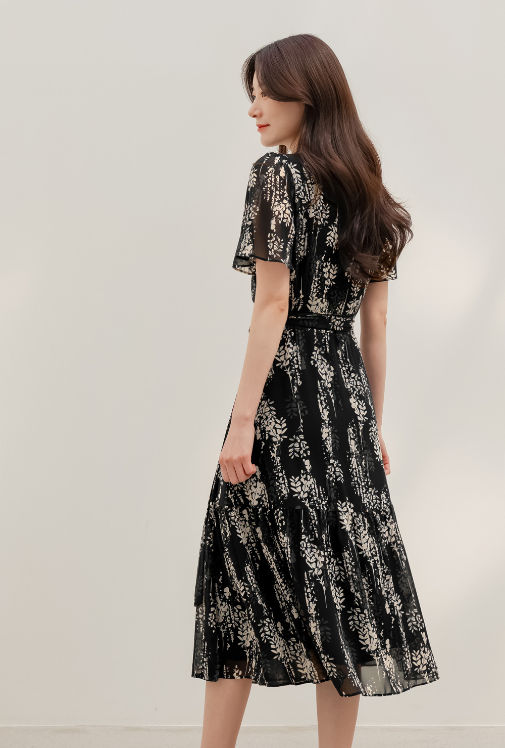 Airy Floral Chiffon Dress with a Softly Defined Wrap Waist