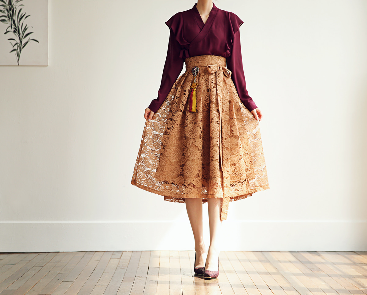 Floral Pattern Lace Modern Hanbok Wrap Skirt