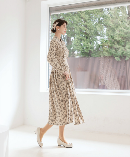 Floral Pattern Corduroy Modern Hanbok Wrap Dress