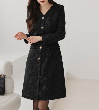 Pearl-Mix Tweed A-Line Dress with V-Neck and Decorative Flap Pockets