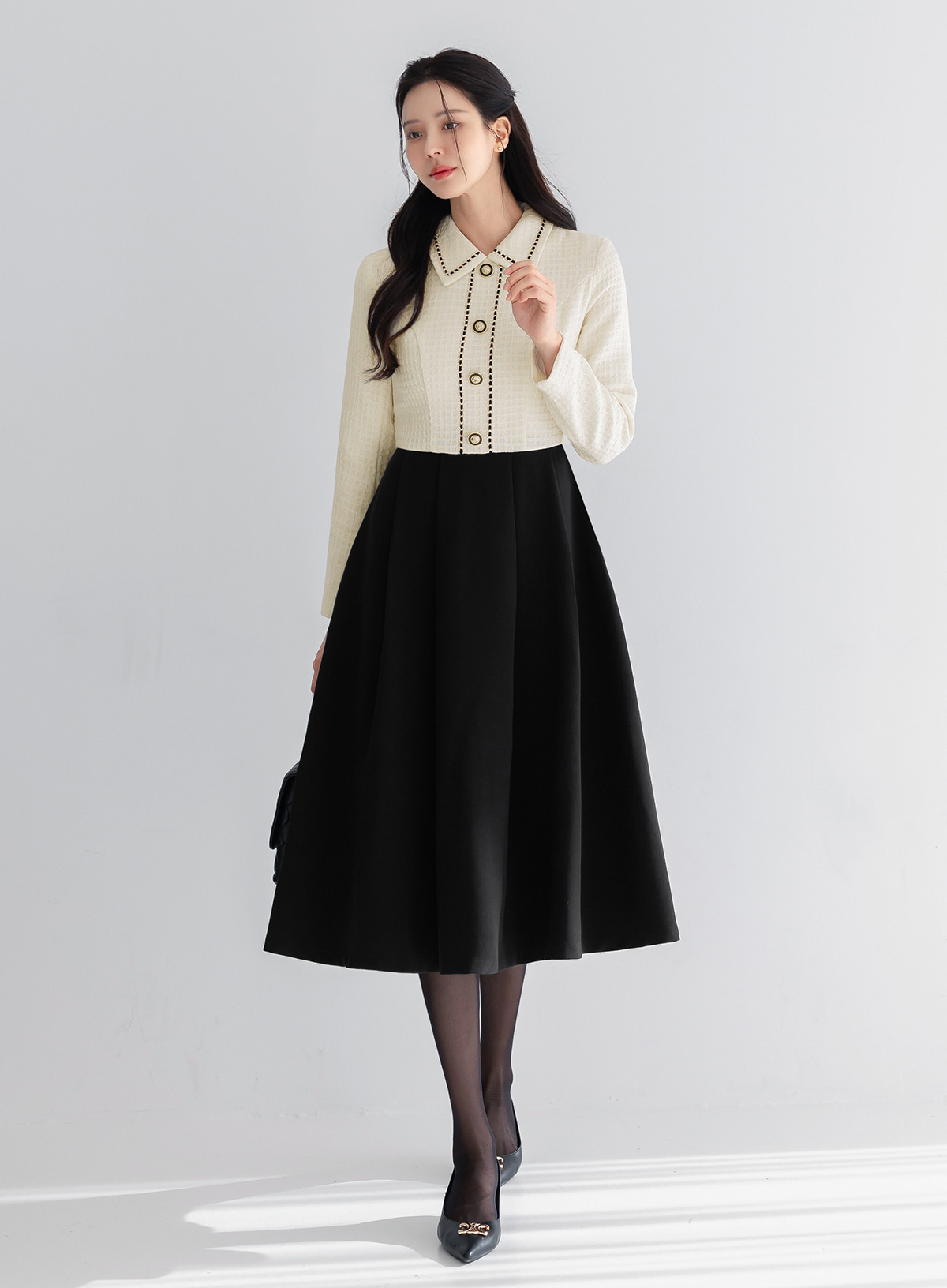 Elegant Two-tone Contrast Tweed Dress with Belt