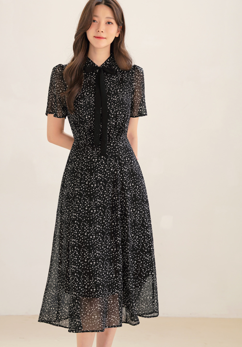 Romantic Chiffon Tie-Neck Dress with Graceful Dot Print
