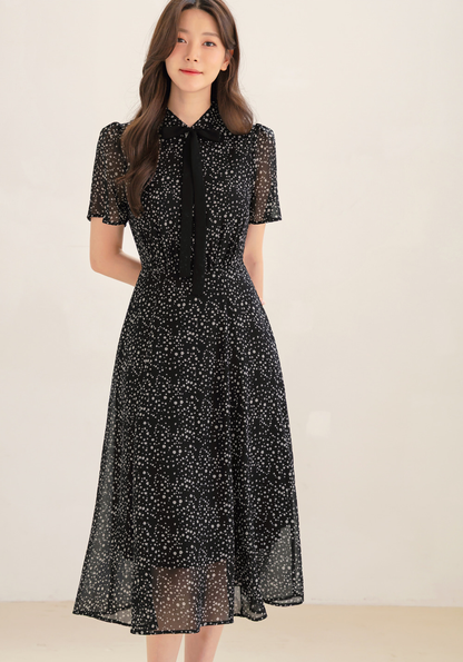 Romantic Chiffon Tie-Neck Dress with Graceful Dot Print