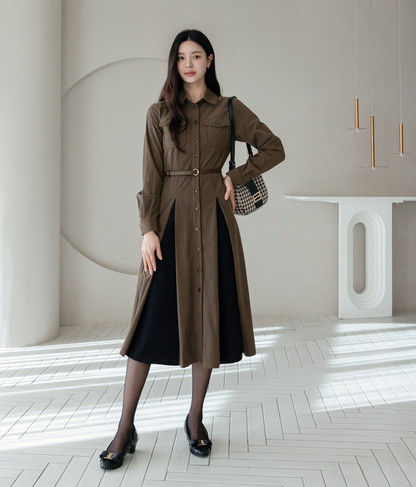 Corduroy A-Line Shirt Dress with Pin-Tuck and Contrast Details