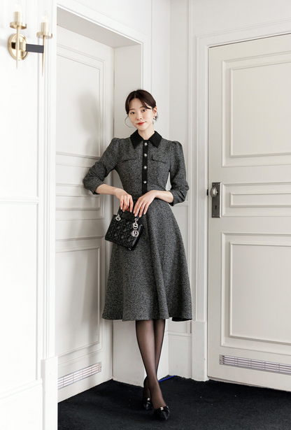 Classic Collar Elegant  Tweed Dress with Belt