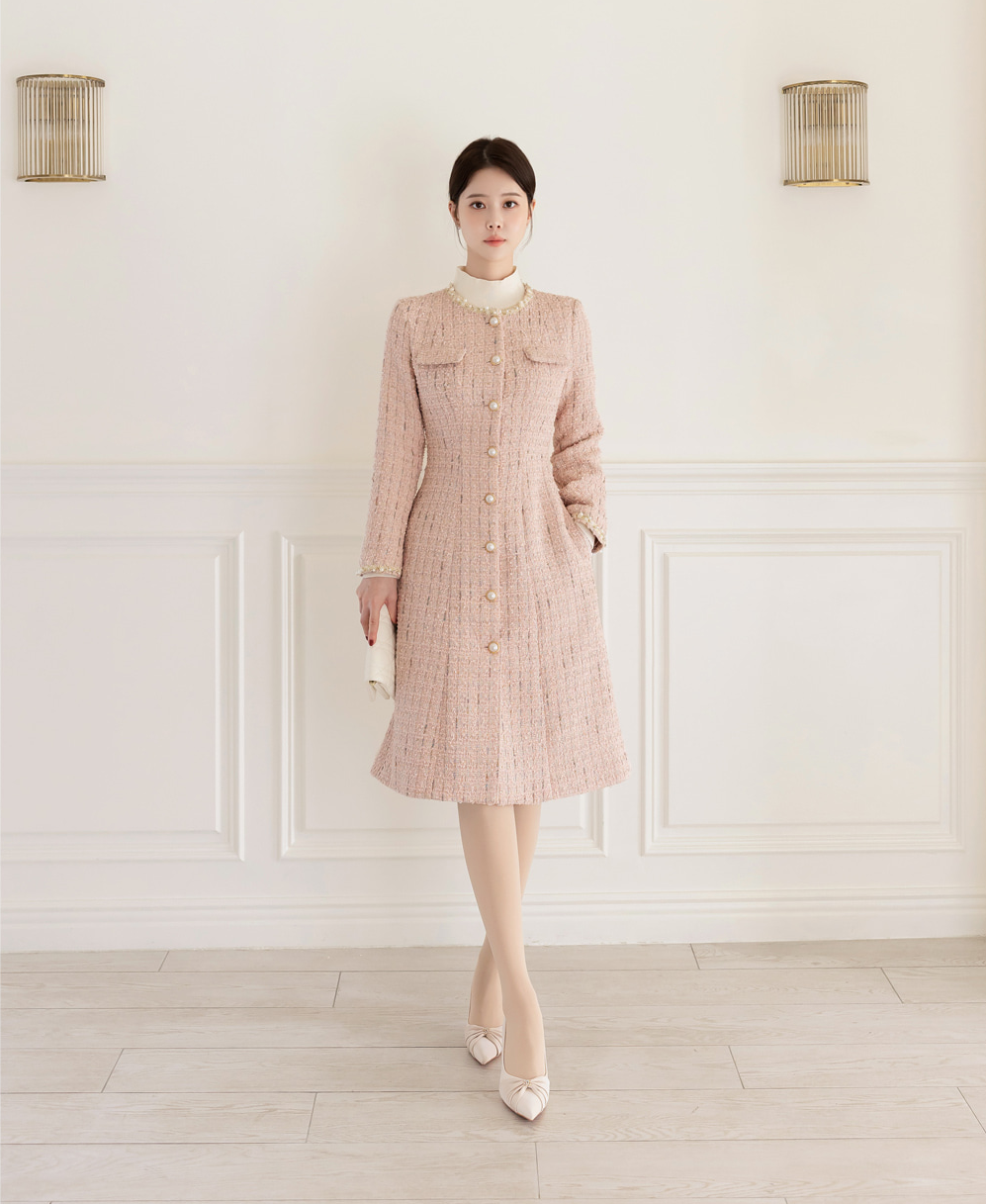 Elegant Long Tweed Jacket with Pearl Trimming