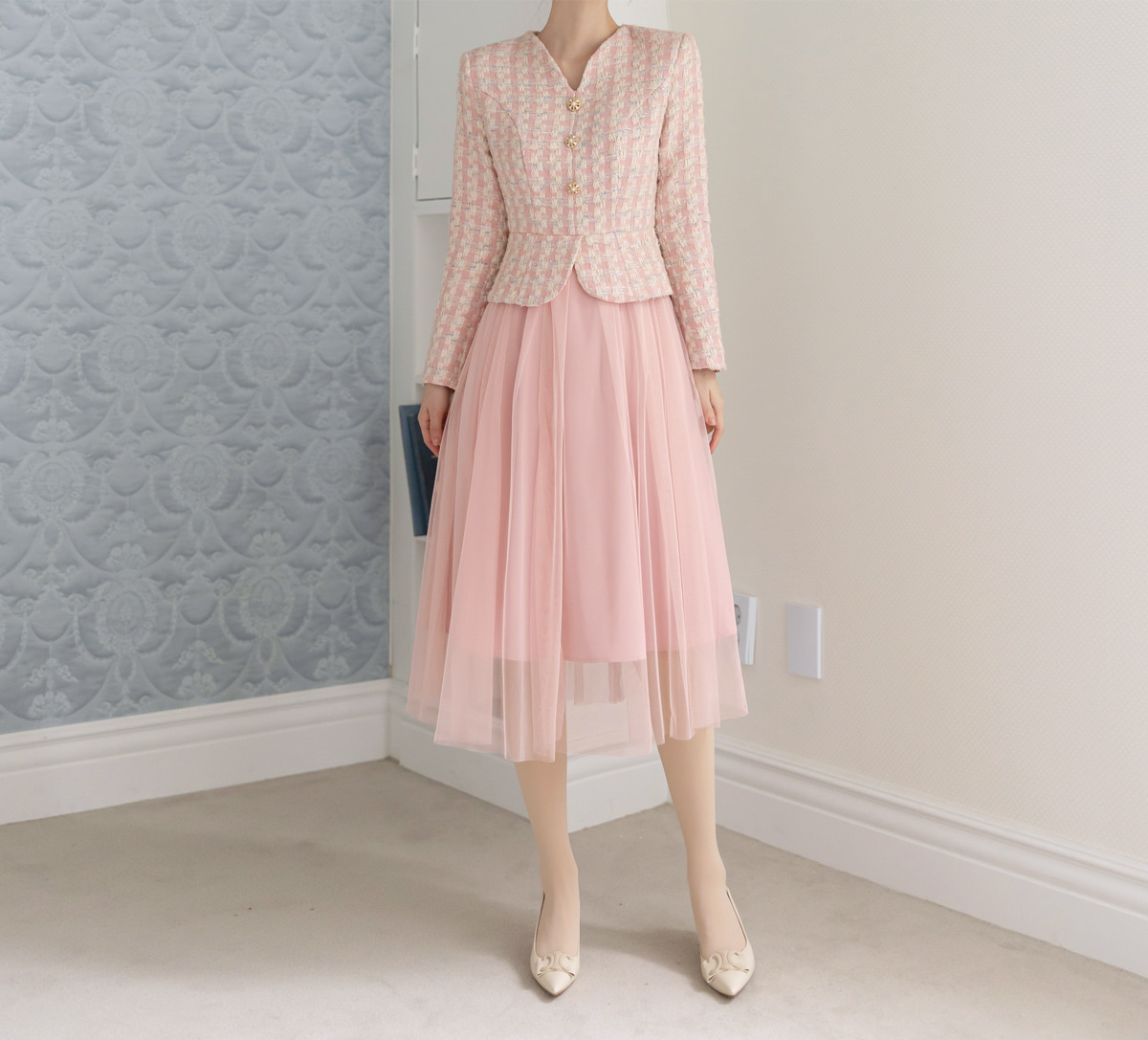 Pink Tweed Jacket & Tulle Skirt Layered Dress