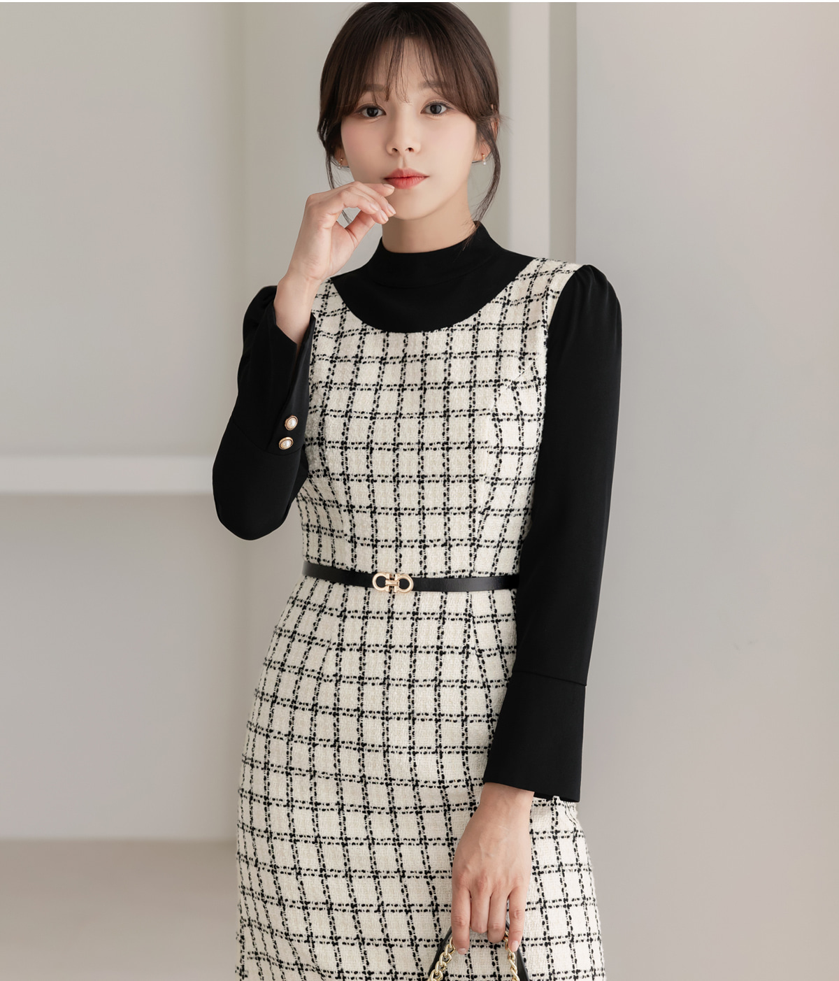 Layered Tweed Dress with Mock Neck Blouse