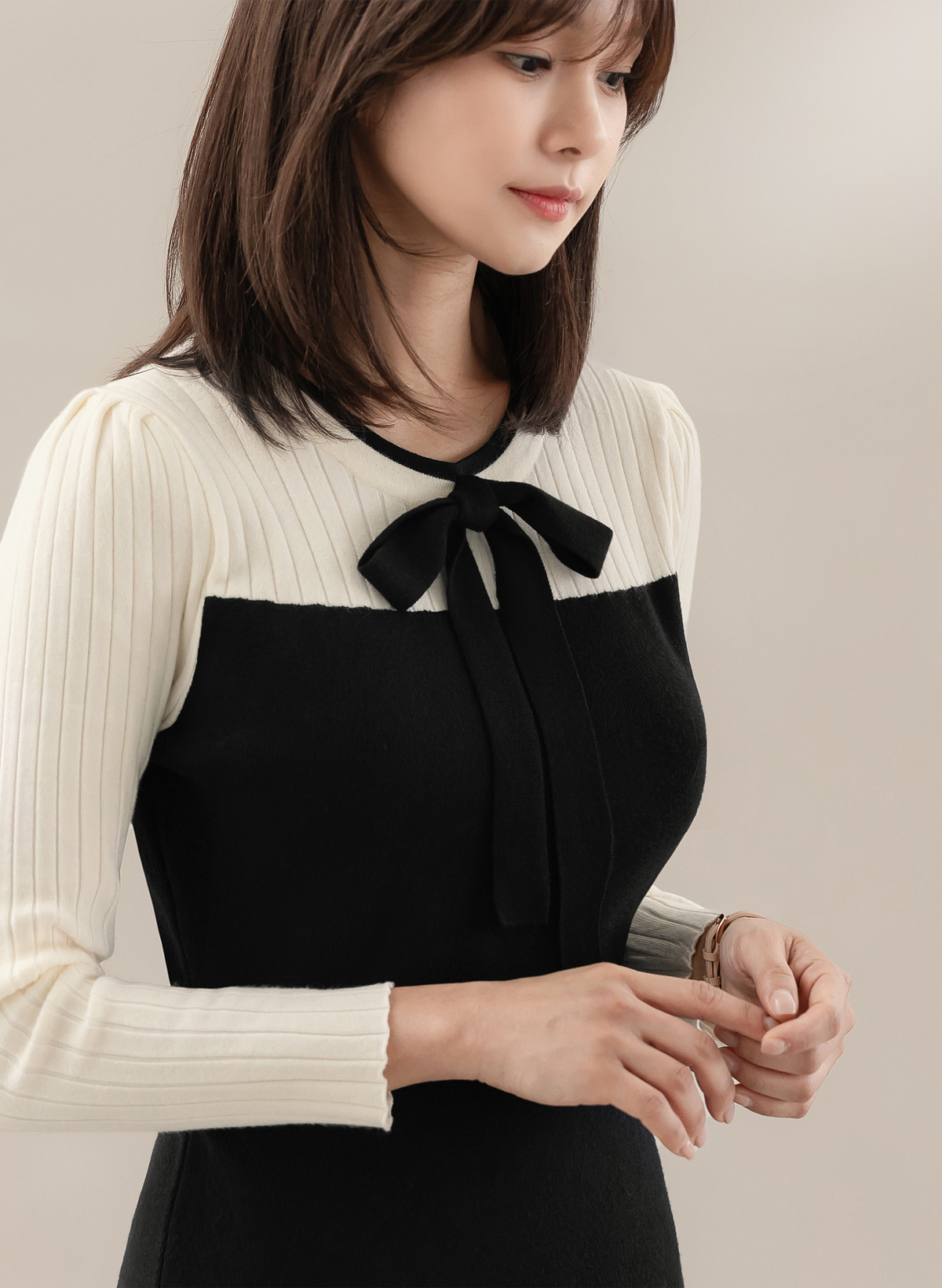 Ivory and Black Color-Blocked Knit Dress