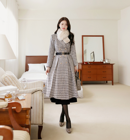 Notched Collar Double Buttons Flare Coat with Belt