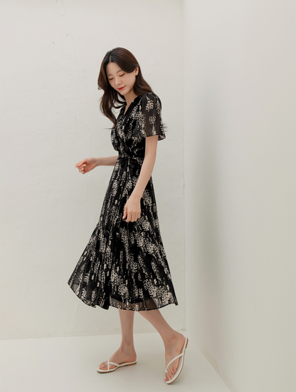 Airy Floral Chiffon Dress with a Softly Defined Wrap Waist